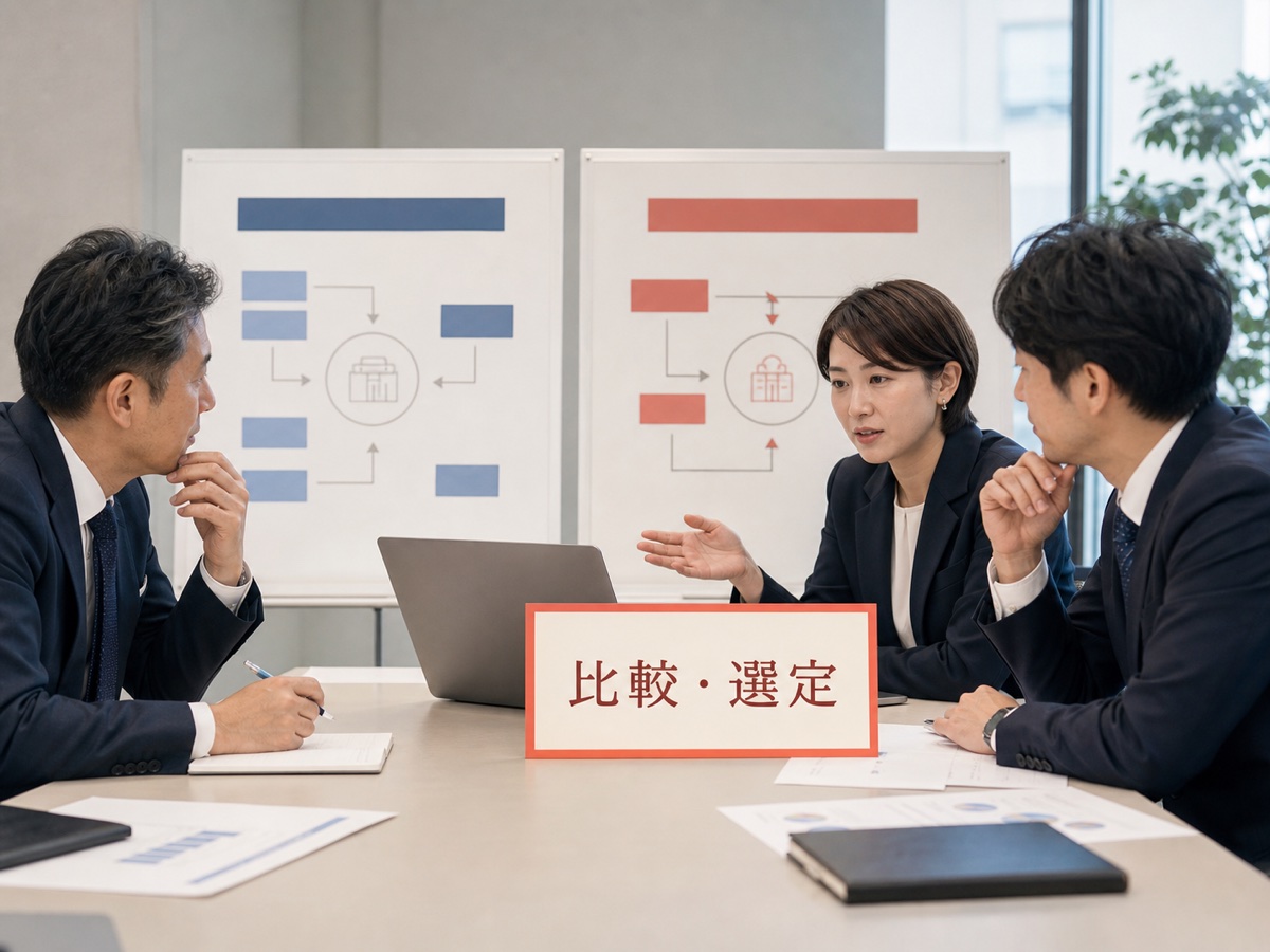 比較・選定のカードを置き二つの業務フローを比べる日本人チーム