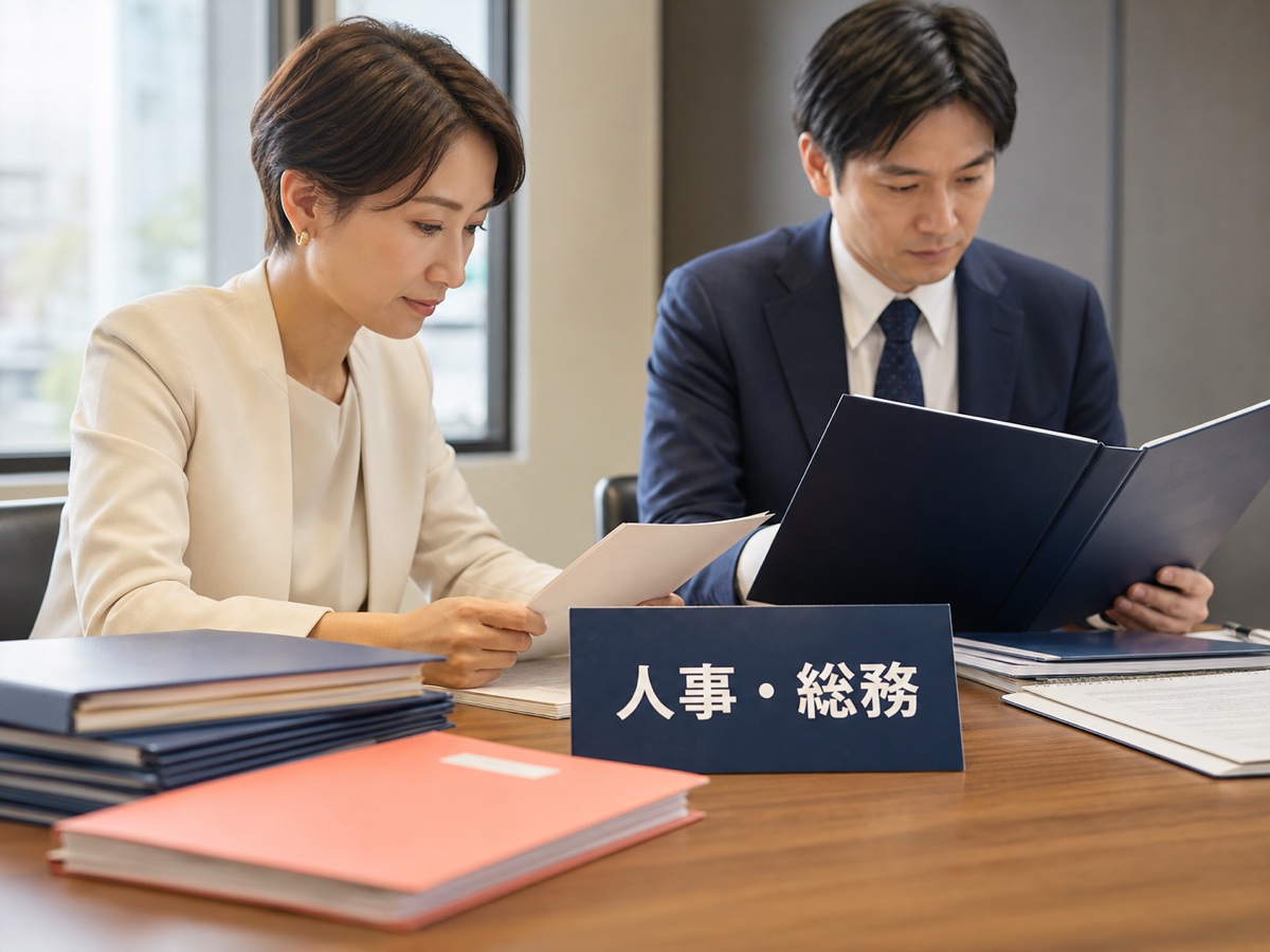 人事・総務のカードと社内文書を確認する日本人担当者