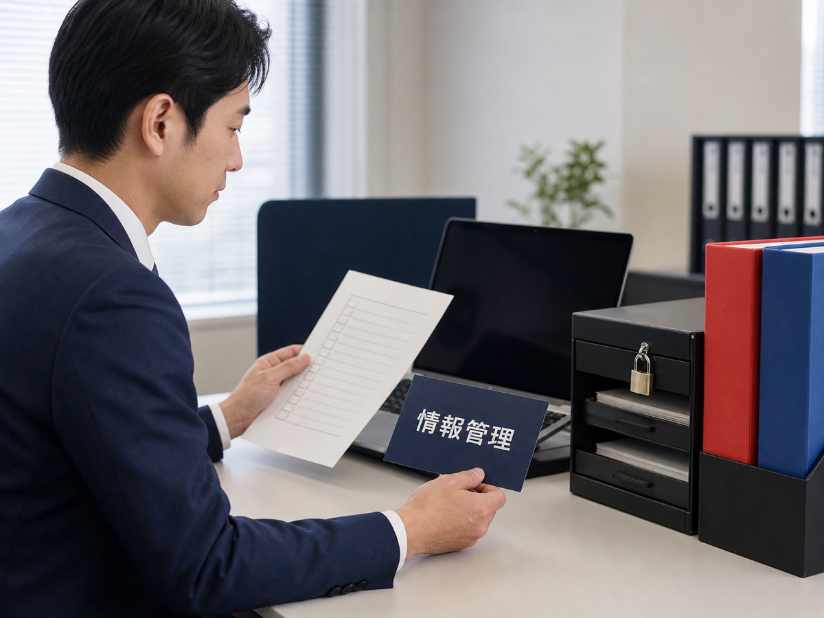 情報管理のカードとアクセス確認表を確認する日本人担当者