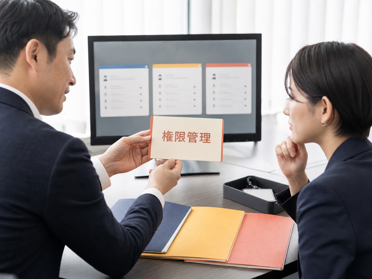 権限管理のカードと接続先の範囲を確認する日本人担当者
