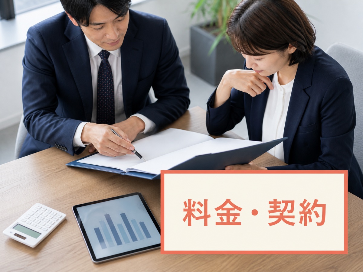 料金・契約のカードと資料を確認する日本人担当者