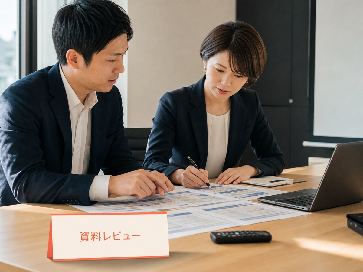 資料レビューのカードを置きプレゼン構成を確認する日本人担当者