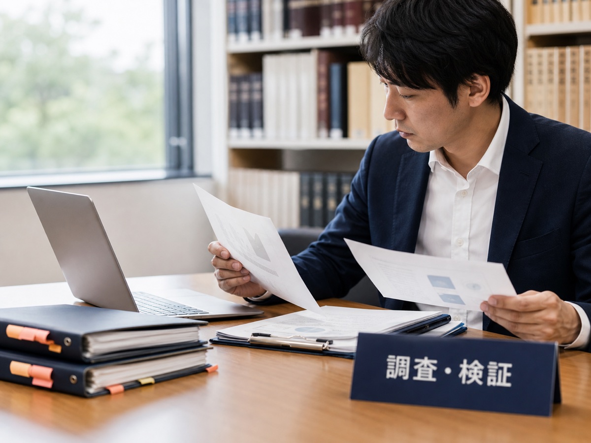 調査・検証のカードと複数資料を照合する日本人担当者