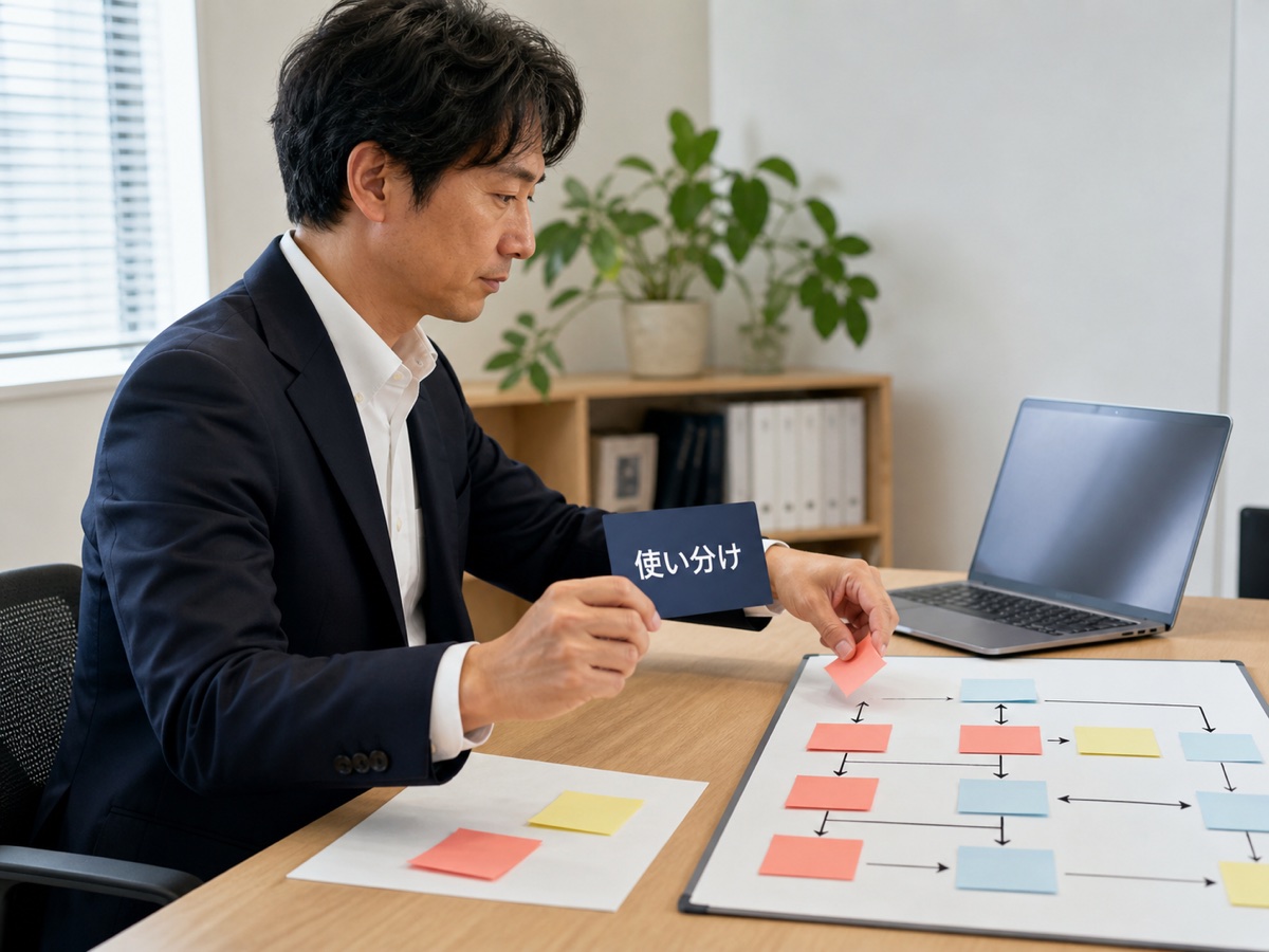 使い分けのカードを持ち短い作業と業務フローを分ける日本人担当者