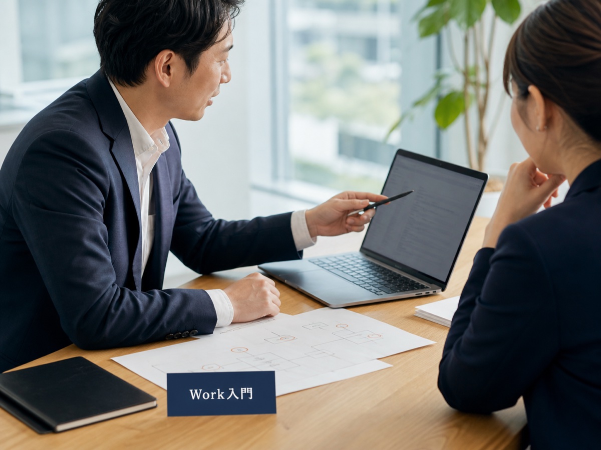 Work入門のカードを置き業務フローを確認する日本人担当者