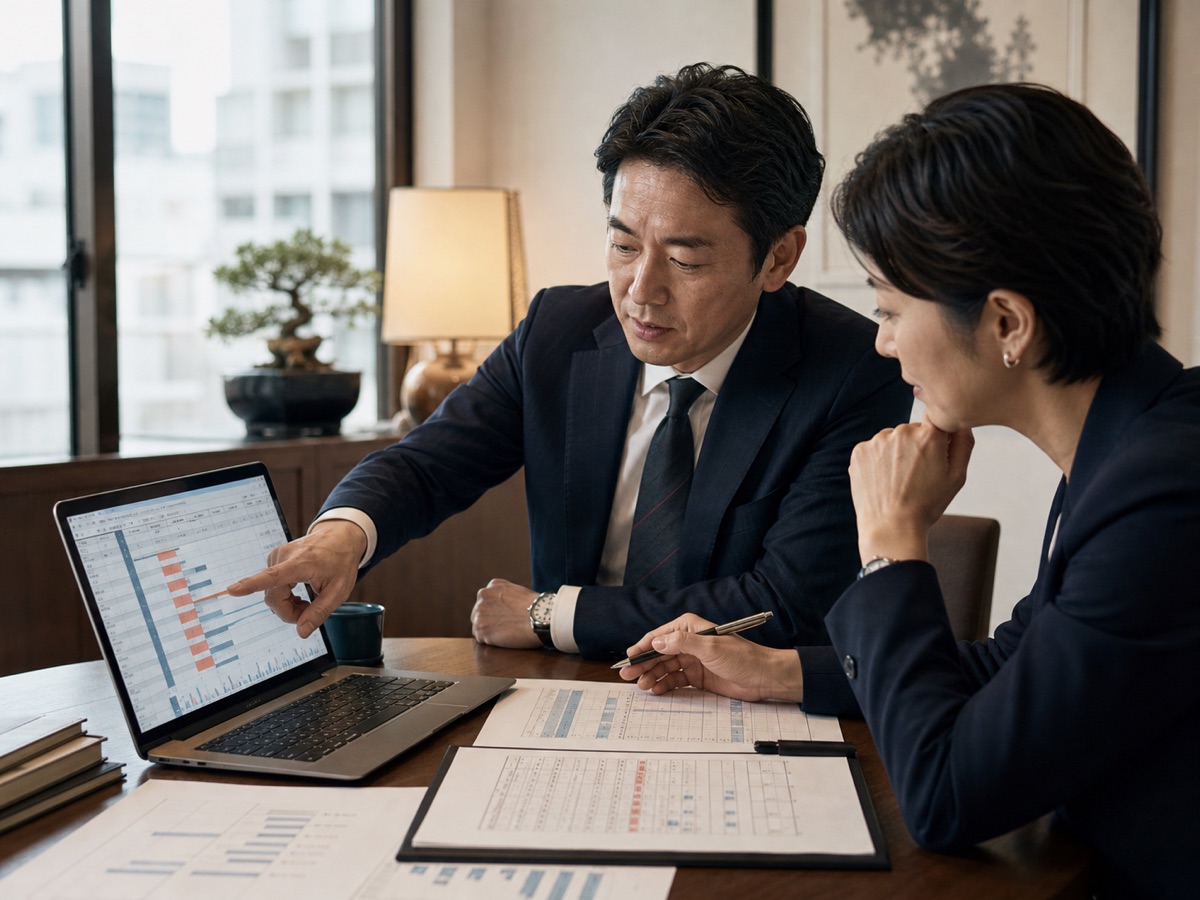 月次データを見ながら予実差異と承認項目を確認する経理担当者