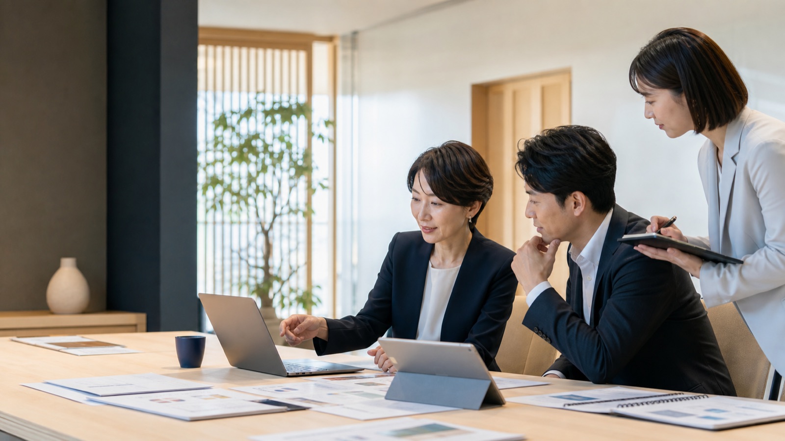 業務資料を前にChatGPT Workへ任せる仕事を相談する経営者と担当者