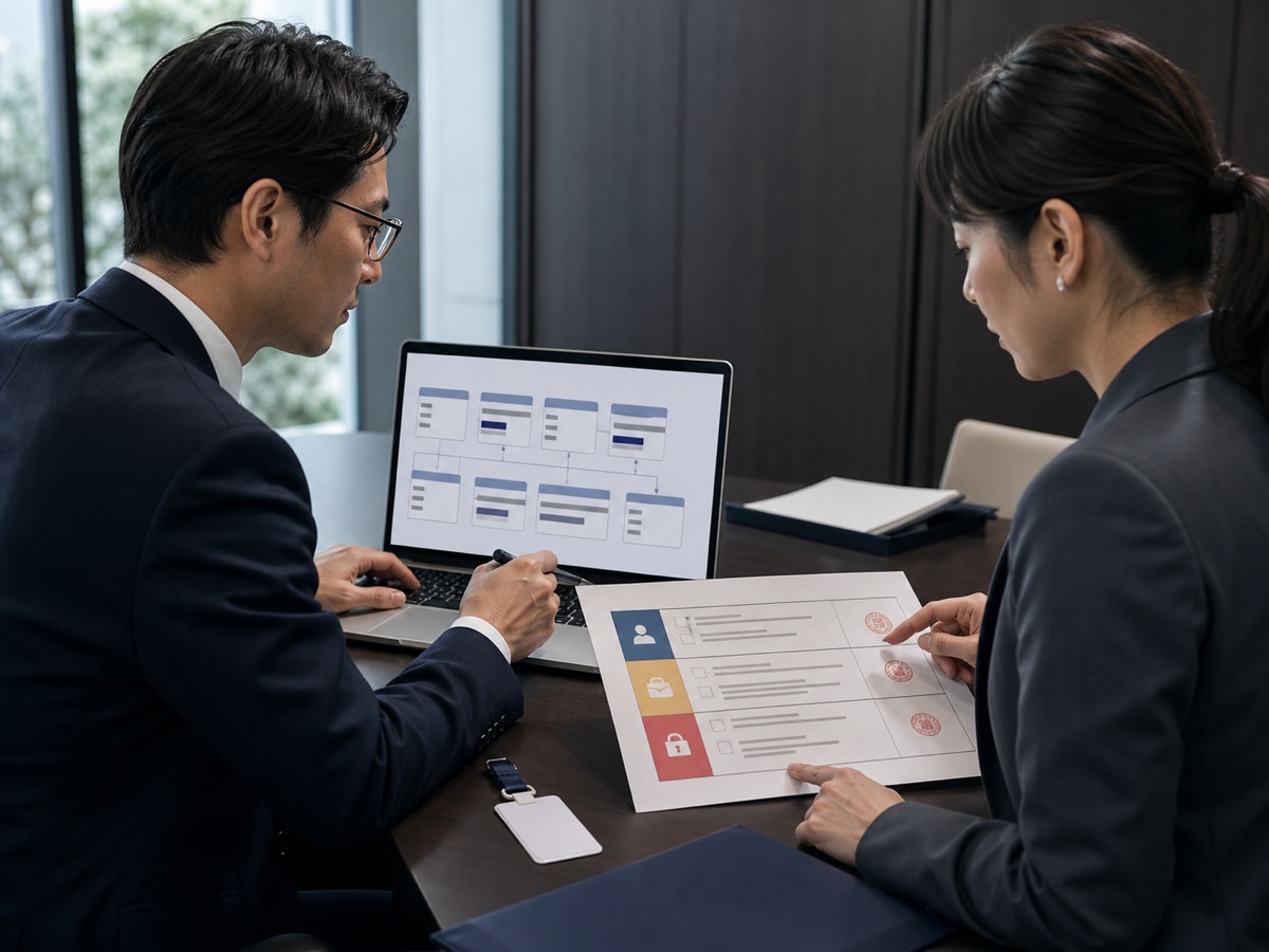 社内ルールと確認項目を見ながらAI活用の安全策を相談する担当者