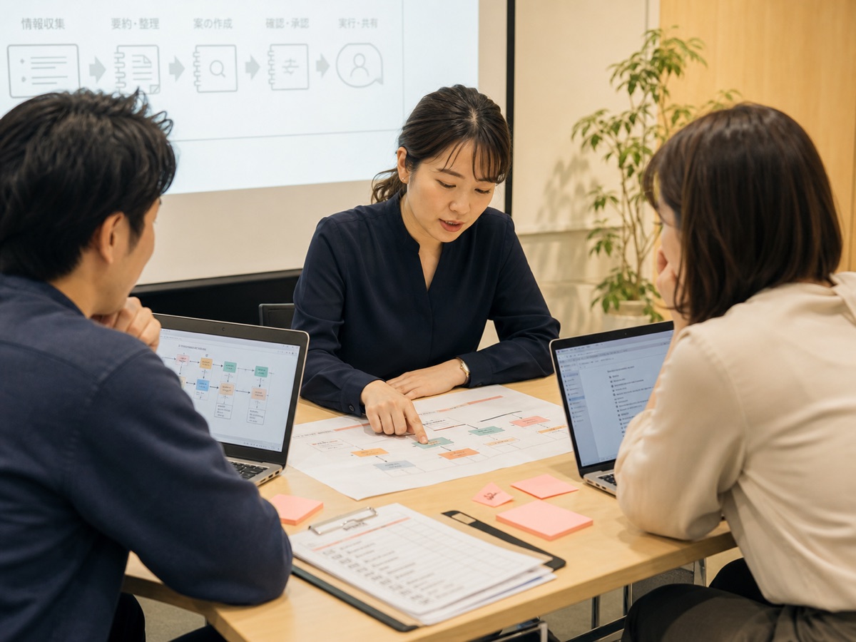 実務資料を使いChatGPT Workの業務手順を設計する研修風景